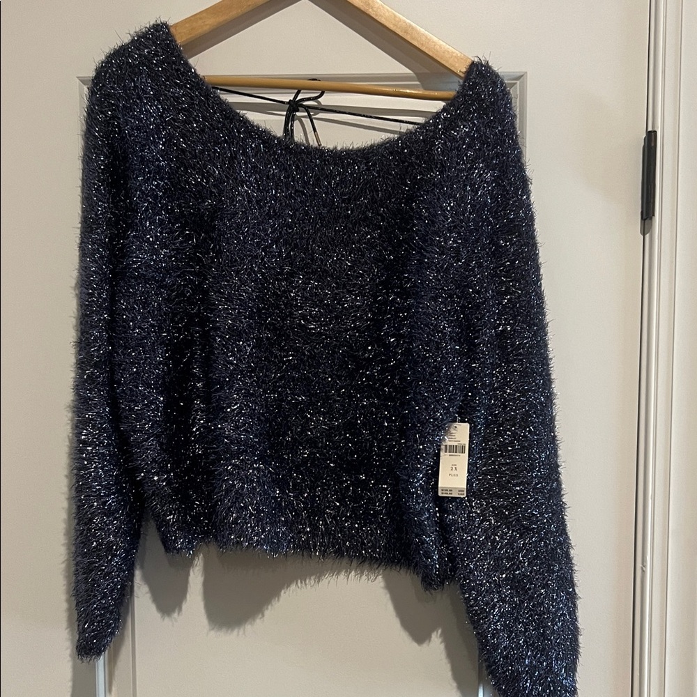NWT Anthropologie Plus Size 2X Metallic Blue & Silver Fuzzy Cowl Neck Sweater